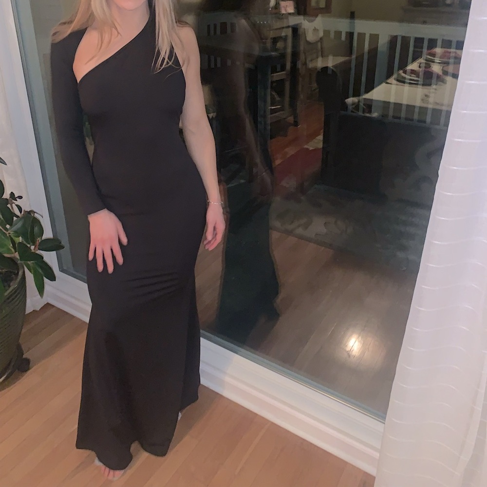 One shoulder long black dress